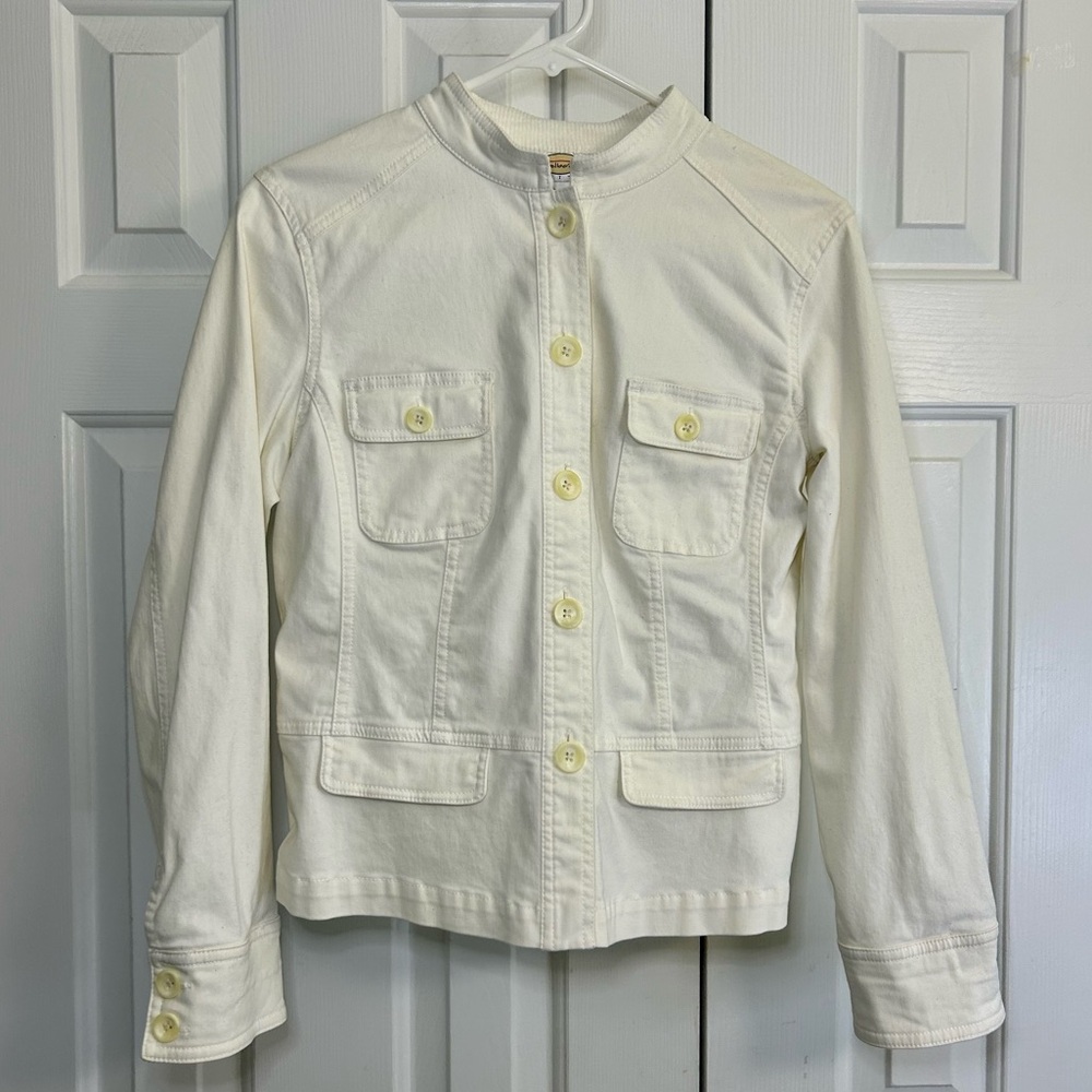 Talbots Petites Vintage Cream Button Down Corduroy Trim Shacket Jacket Sz 12P